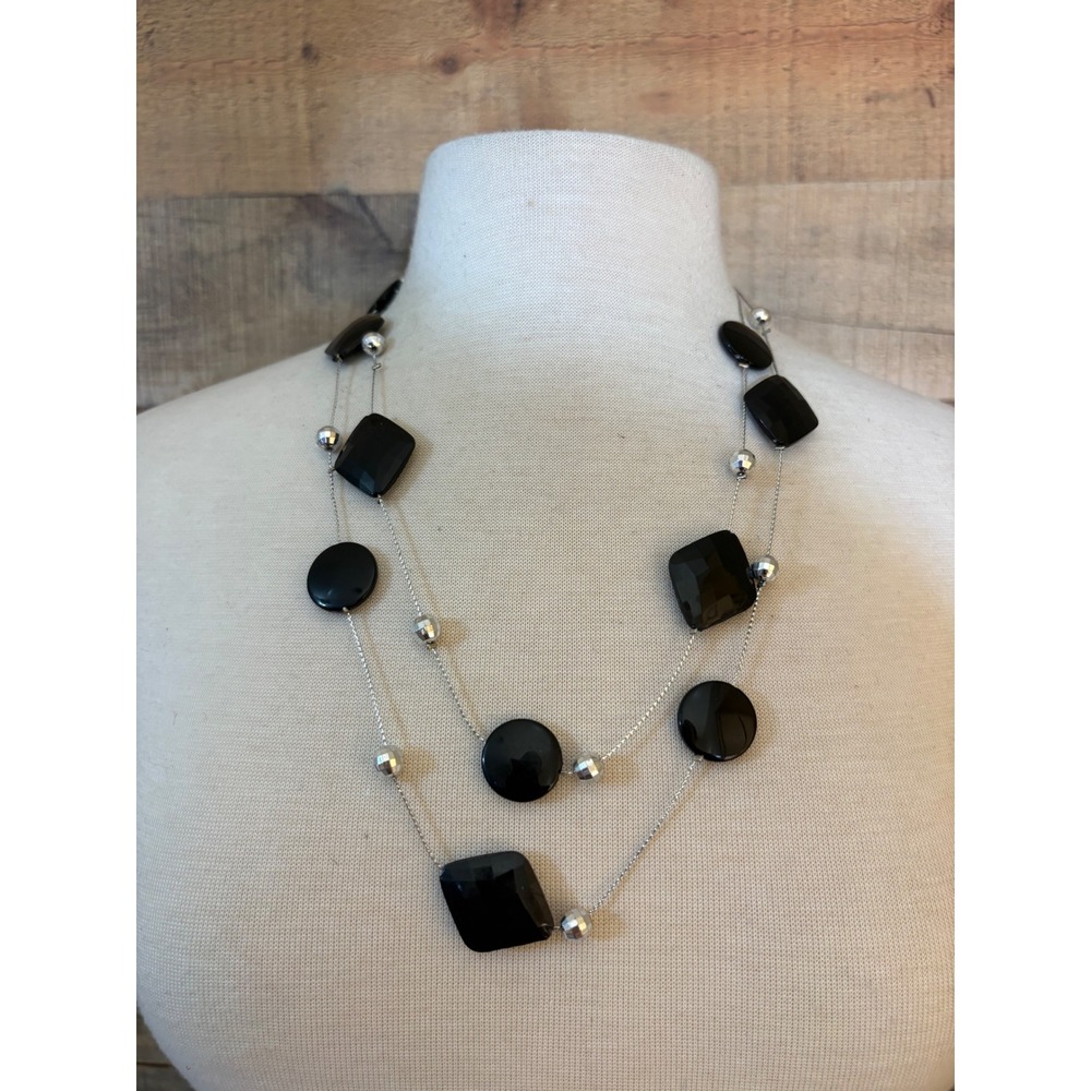 Black Geometric Layered Necklace Silver Tone Faceted Bead Accent